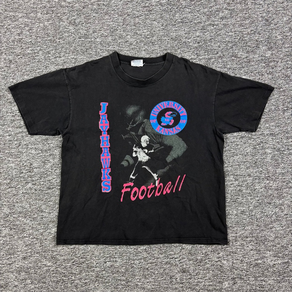 Vintage 90s Girardin University of Kansas Jayhawks Graphic T-Shirt Black Men's L